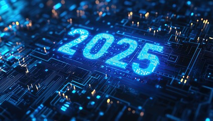 The text "2025" is glowing in blue neon light on the background of a digital circuit board, in a high-tech