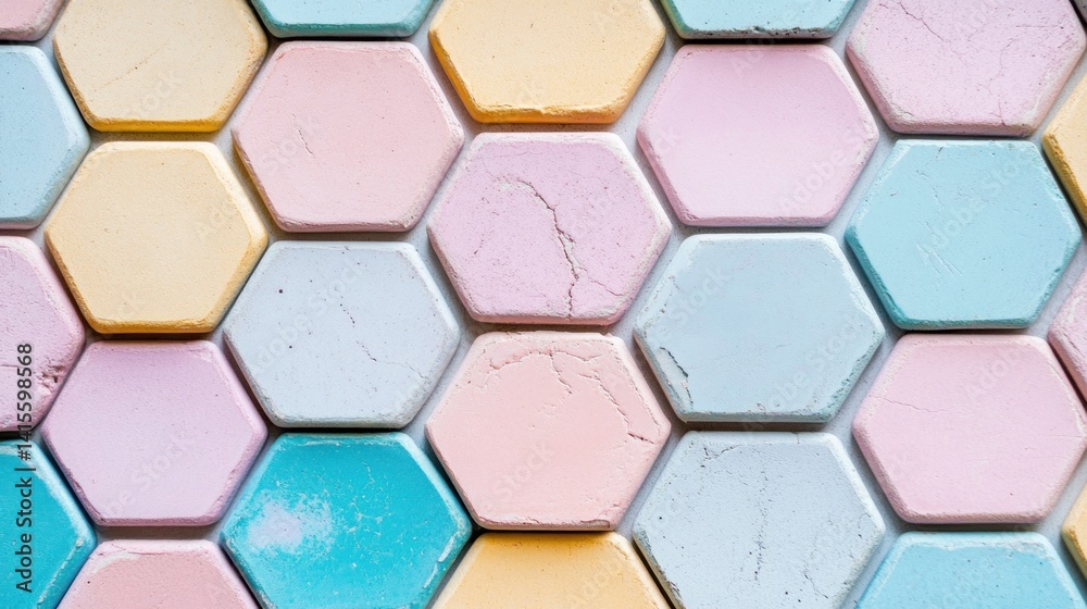 Poster pastel-hued hexagonal tiles create a cheerful pattern.
