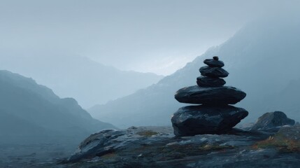 Cairn of smooth stacked stones balanced on misty mountain peak at dawn, tranquil landscape with fog, symbolism of balance, serenity, meditation, and mindfulness in nature, digital painting