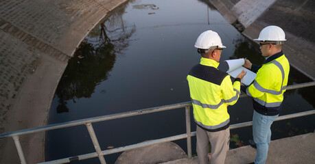 Fototapeta premium A engineering doing his checking routine. He is wearing hard hat and engineer uniform.Standing by the rail by the dam.Monitor water levels from the heavy rain that has been falling for several days.