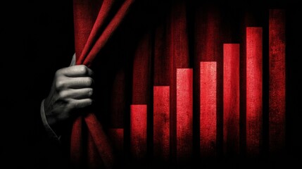 A hand pulls back a red curtain, revealing upward bars, symbolizing growth, success, or revelation in a dramatic and artistic manner.
