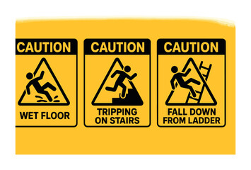 Caution icons set: wet floor, tripping on stairs, fall from ladder – linear safety signage