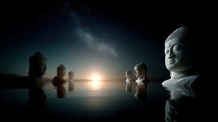 Buddha Statues Floating on Water at Night with Milky Way and Starry Sky..