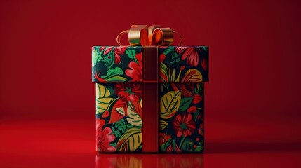 3D Render of a Gift Box with Red and Green Floral Pattern