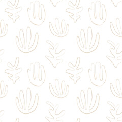 Seaweed silhouette seamless pattern. Hand drawn doodle illustration. Underwater sea life summer holiday. Beige sandy seaweed, algae design element set