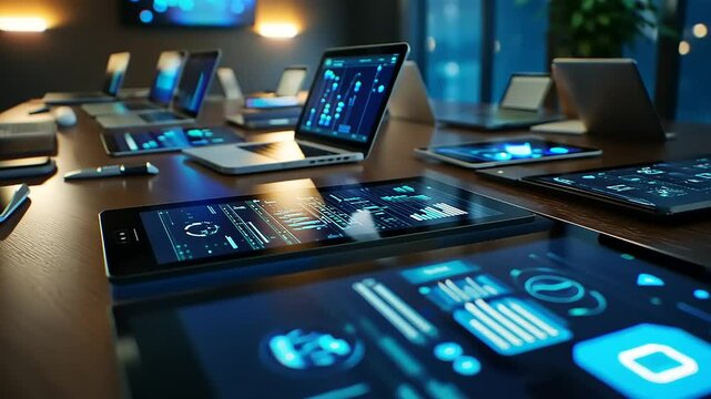 Modern conference room with multiple devices displaying data analytics and graphs at night