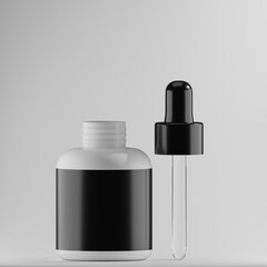  A sleek, minimalist dropper bottle mockup, perfect for showcasing skincare serums or essential oils. White plastic body, black label, and dropper, ready for your branding.
