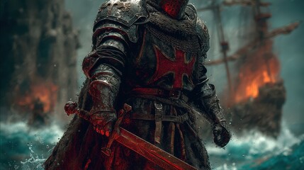 Fototapeta premium Medieval Knight Fighting Pirates on Coast 