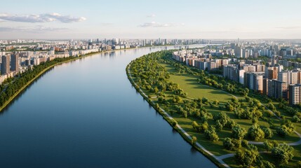 Fototapeta premium Aerial view of a sustainable metropolis featuring riverbank restoration, rooftop meadows, and regenerative urban forests