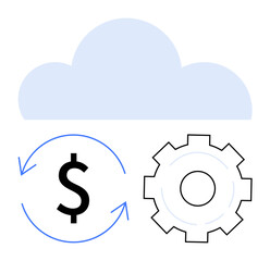Cloud illustration with dollar symbol in a circular arrow and cogwheel representing technology and finance. Ideal for cloud storage, financial tech, digital operations, automation, cost efficiency