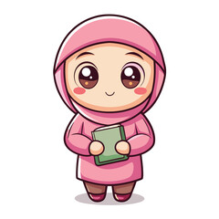Cute girl in pink hijab holding a book