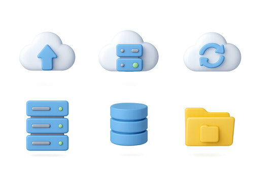 3D icon set of cloud computing: cloud upload, cloud server, sync icon, encrypted file, server rack, database icon, virtual folder, cloud user. 3d icon. Generated icons set of 3d style in a modern