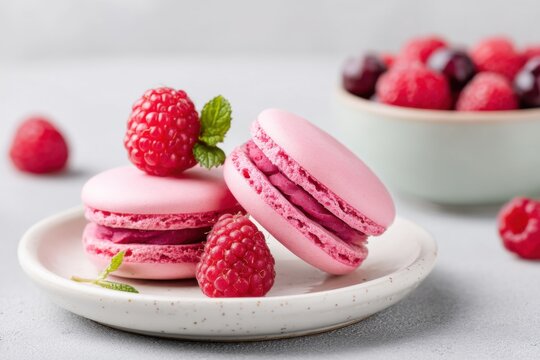 Pink raspberry macarons with fresh raspberries and mint leaves on a plate
