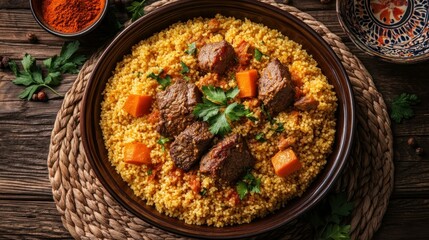 Hearty couscous dish with beef and vegetables