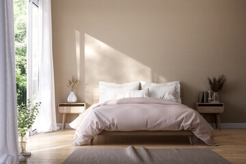 Modern contemporary style beige bedroom with nature view 3d render, Wooden floor open doors to see fresh green nature.