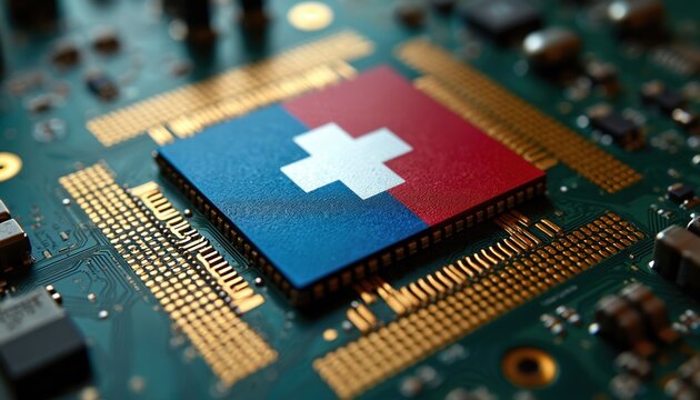 Swiss flag on CPU microchip on motherboard. Concept of global microchips production, market, trade, and industry. Technology and digital innovation. Digitalization and IT.
