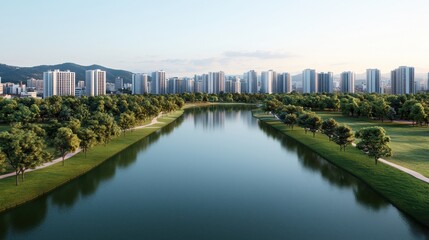 Fototapeta premium Sustainable metropolis with bio-diverse parks, air-purifying vegetation, and smart irrigation systems, promoting a thriving green ecosystem