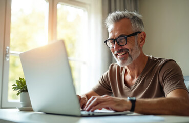 Mature, grey-haired man smiles while working on laptop at home. Happy senior enjoys remote job. Business, modern tech, remote work, freelance. Work from home, digital nomad.