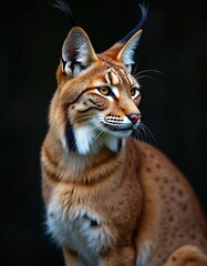 Fototapeta premium Portrait of Eurasian lynx with sharp eyes and fur. Wild cat sits in forest habitat. Wildlife scene. Close-up shows details of predator face, whiskers, ear tufts. Carnivore in natural environment.