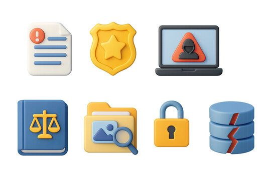 3D icon set of cybercrime prevention: report icon, police badge, hacker alert, fraud chart, illegal access, cyber law book, evidence folder, data breach. 3d icon. Generated icons set of 3d style in a