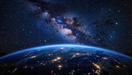 Fototapeta premium Astronauts observing the Earth from space against a starry sky 