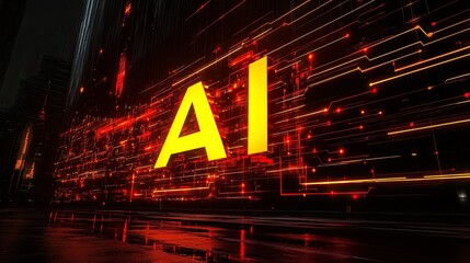 Bright yellow "AI" letters stand out against dark surface and background of glowing orange and red digital network lines and dots, representing artificial intelligence in a high-tech urban setting