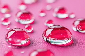 Macro water drops reflecting pink surface creating shiny beads