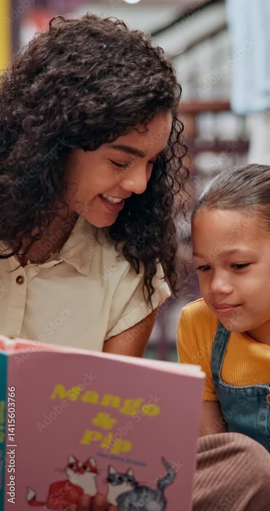 Aufkleber happy, teacher and child with book in library for knowledge, fantasy story and language development.