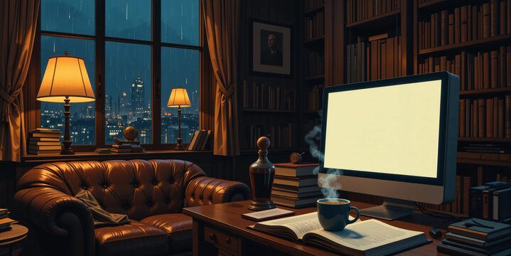 Lo-fi Dark Academia Study with Rainy City View and Steaming Coffee