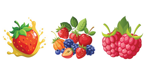 Fruits Flat Design Icon Set, array of colorful organic fruits and vegetables laid out on a rustic wooden table surrounded by a lush garden illuminated by soft daylight.