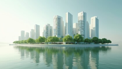 Fototapeta premium 3D rendering modern green city buildings. Skyscrapers, parks, trees at the water. Eco-friendly urban architecture with reflections. Sustainable environment and city life, green technology.