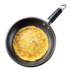 Omelet cooking in a nonstick skillet isolated on transparent background