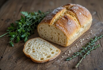 Freshly baked loaf of bread on wooden board with herbs and a sliced piece