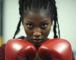 A Black woman with braids in her hair, wearing red boxing gloves and training attire. She is looking directly at the camera, showing determination as she sets up for a powerful punch.