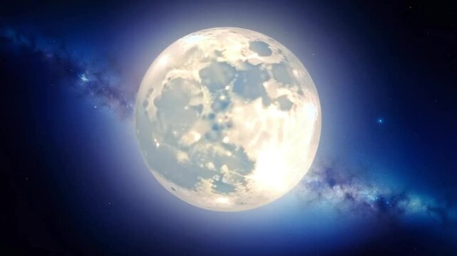 Seamless loop animation of a bright full moon glowing in deep space with stars and cosmic background, perfect for astronomy, night sky, and galaxy-related visuals.\