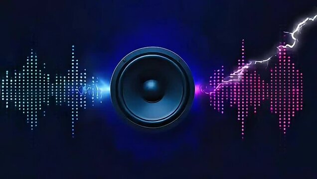 video animation - speaker on dark background, sound waves from both sides softly flow and stream in continuous motion. Flashes of lightning fly out of the speaker