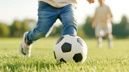 Obraz premium child plays soccer on grassy field, showcasing joy and energy in game