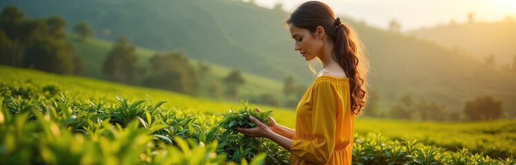 Attractive woman in yellow dress picks tea leaves on Nuwara Eliya tea plantation. Beautiful brunette model posing harvesting tea. Green tea fields, nature landscape. Tea production, eco tourism in