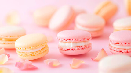 Fototapeta premium Delicate macarons in pastel colors on pink background create sweet and inviting atmosphere