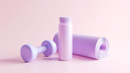 fitness setup featuring purple dumbbell, water bottle, and yoga mat on soft pink background