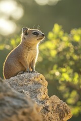 Alert Rock Hyrax Sits on Stone in Golden Sunlight Observing Outdoor Nature Wildlife Setting
