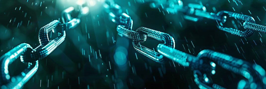 Close-up perspective of a heavy metal chain with strong links, illuminated by dramatic blue light. Concept of strength, connection, security, industry, or blockchain.
