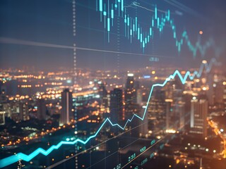 Financial growth chart overlaying a modern cityscape at night representing global economy