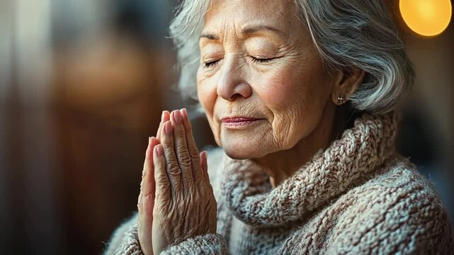 Peaceful elderly woman praying with closed eyes in warm indoor light showing spiritual moment
