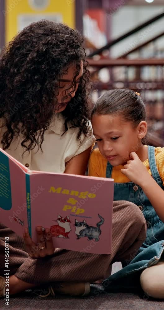 Poster Woman, reading and child with book in library for knowledge, fantasy story and language development. Teacher, kid and novel for learning support, storytelling and literature information of education