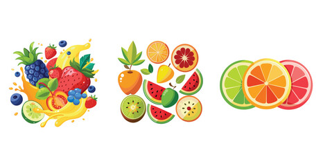 Fruits Flat Design Icon Set, array of colorful organic fruits and vegetables laid out on a rustic wooden table surrounded by a lush garden illuminated by soft daylight.
