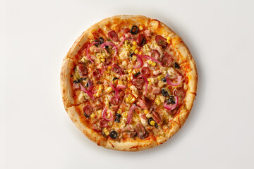 Delicious pizza with sausage, chicken, corn, onion and olives on white background