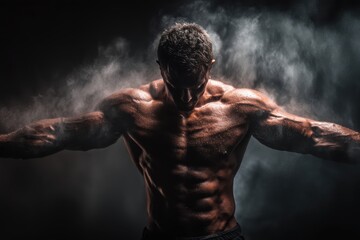A shirtless muscular man with a toned physique stands powerfully against a dark background surrounded by smoke and dramatic lighting, showcasing his physical strength.