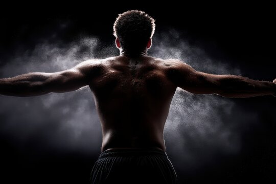 A powerful back view of a muscular man with arms outstretched, silhouetted against a dark background, creating a sense of strength and determination in action.