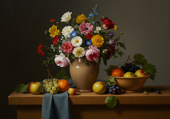 Still Life Painting Colorful Flowers in Vase, Fruits on Table - Apples, Grapes, Oranges, Classic Art © JARVIS X